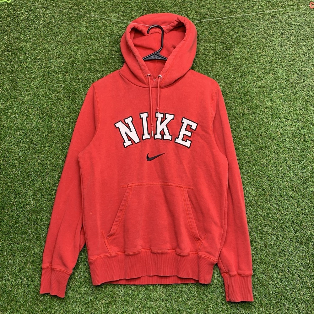 Nike Hoodie Mens Small Red Pullover Spell Out Center Swoosh Sweatshirt Athletic